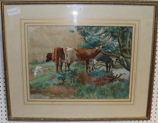 Watercolour of cattle grazing by a stream